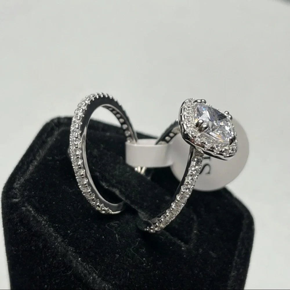 925 Sterling Silver Cushion Cut Halo Diamond 2 Band Wedding‎ Ring Set 6